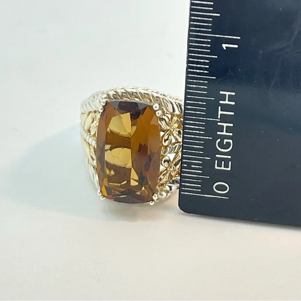 Silver Citrine & Gold Tone Ring | Large Faceted Gem Stone | 925 Sterling
